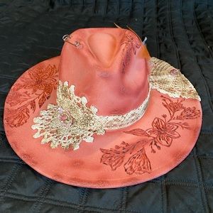 Pink large brim Fedora, pyrography floral design.  Crochet appliqués.
